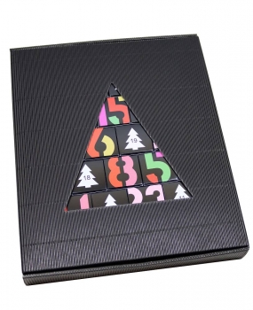 Adventskalender Tanne schwarz glanz, Karton mit farbigen Zahlen, für 24 Trüffel/Pralinen von ca. 3,5cm